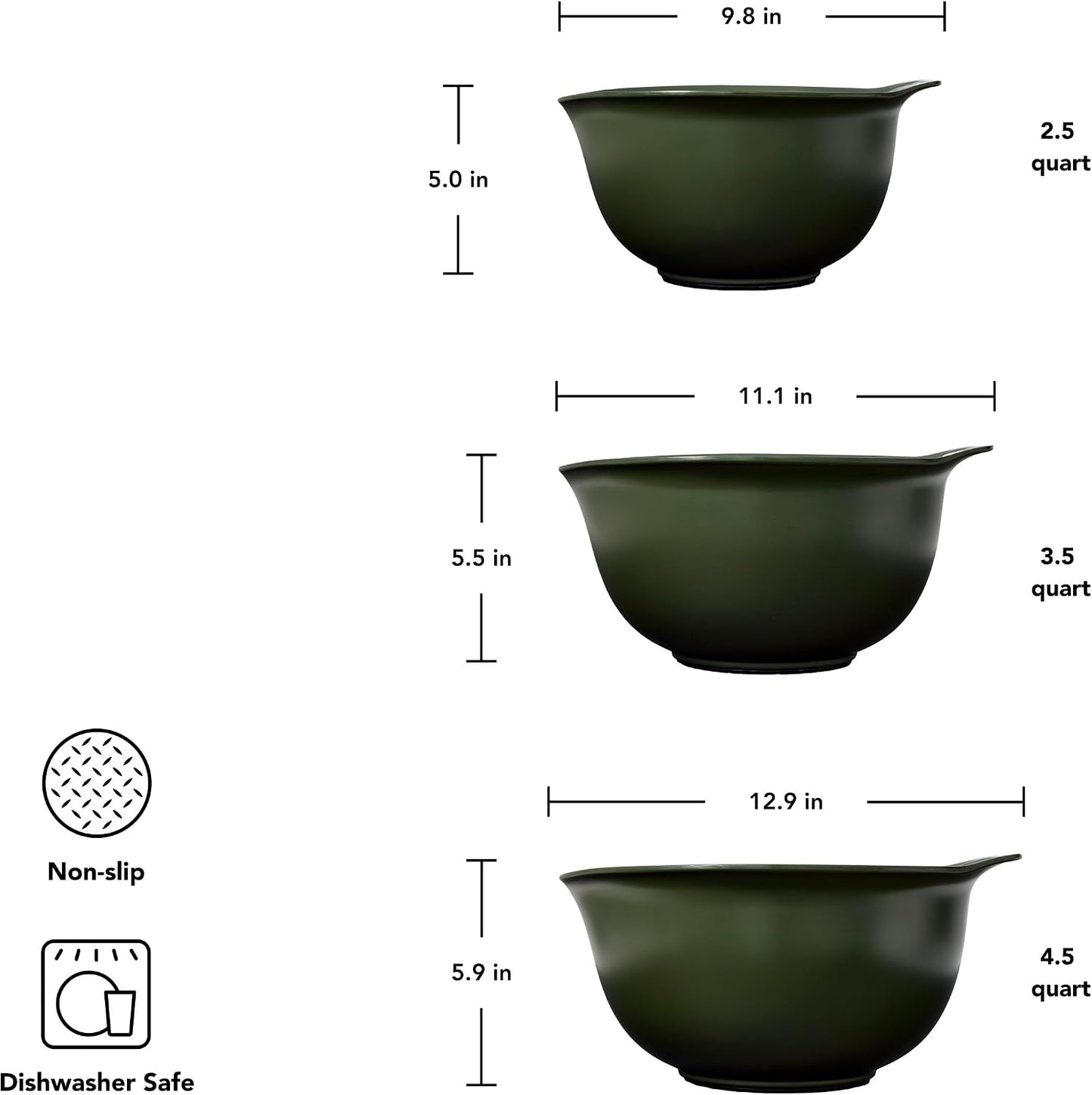 Set 3 Tazones Plástico Mezclar 2.5-4.5qt Evergreen