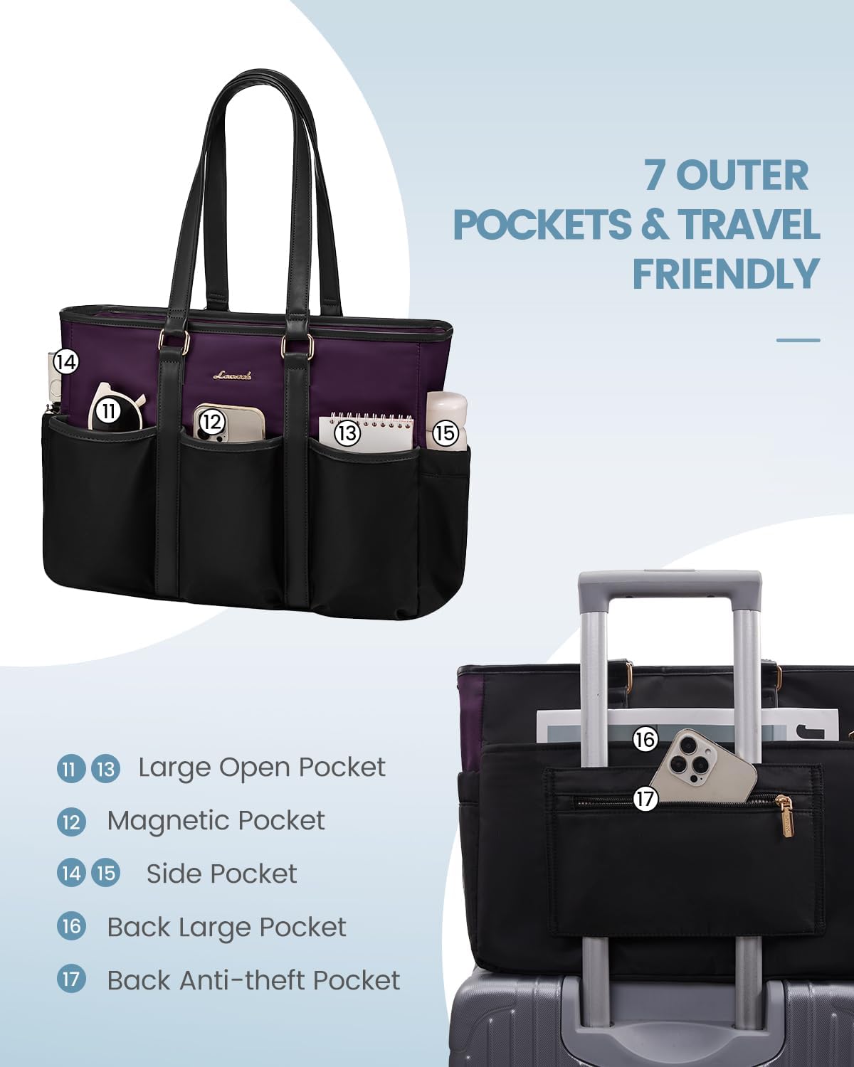 Bolsa tote vintage para laptop mujer negro púrpura