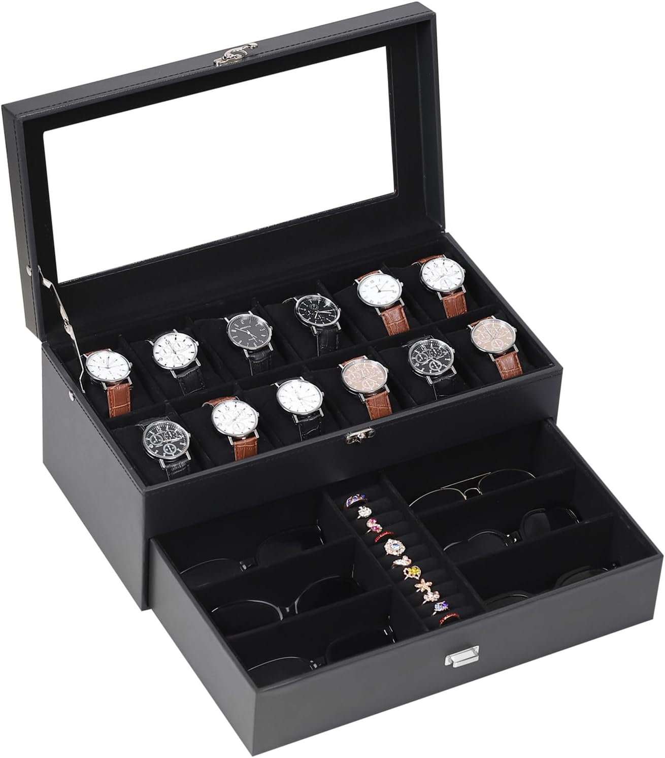 Caja relojes cuero 12 compartimentos 6 gafas 2 capas cajón