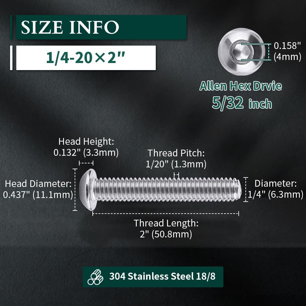 Tornillos cabeza botón hex 1/4-20 x 2 acero inox 100 pzas