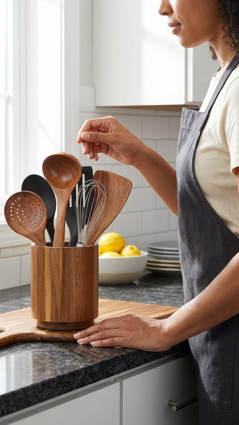 Soporte utensilios madera acacia 7.2" rotación 360°