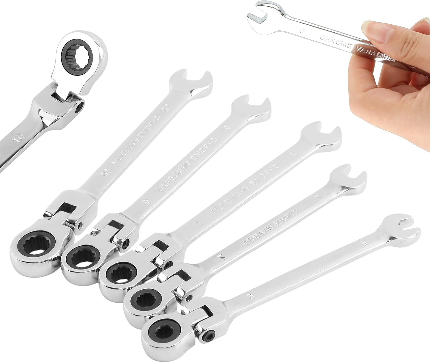 Set 5 llaves trinquete cabeza flexible 0.236-0.394pulg plateado