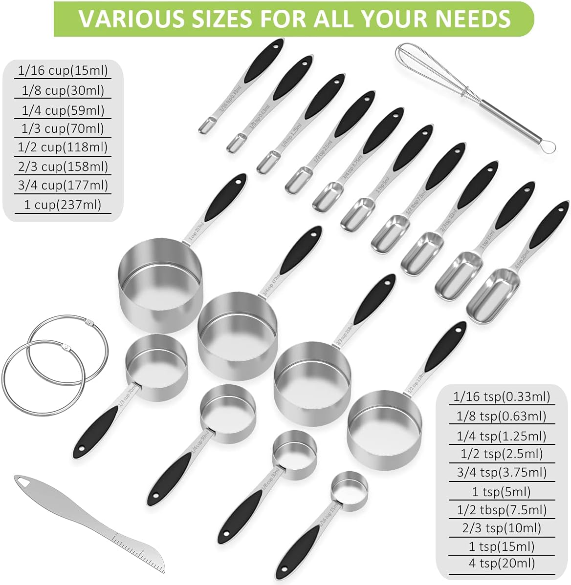 Set 20 Tazas y Cucharas Medidoras Acero Inox Apilables