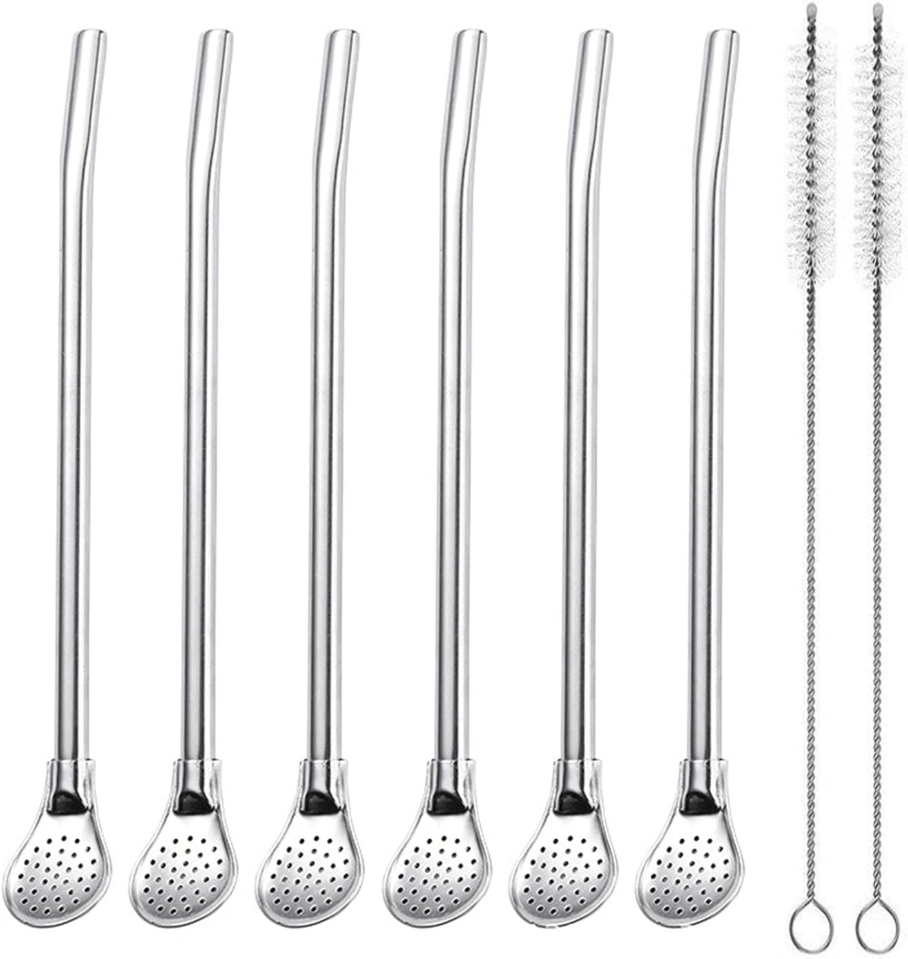 Pajitas acero inox con cuchara filtro 6 pzas 7.1pulg + 2 cepillos