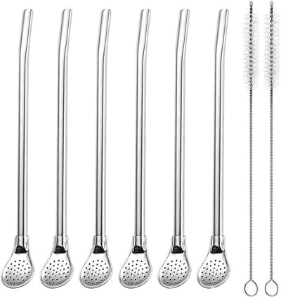 Pajitas acero inox con cuchara filtro 6 pzas 7.1pulg + 2 cepillos