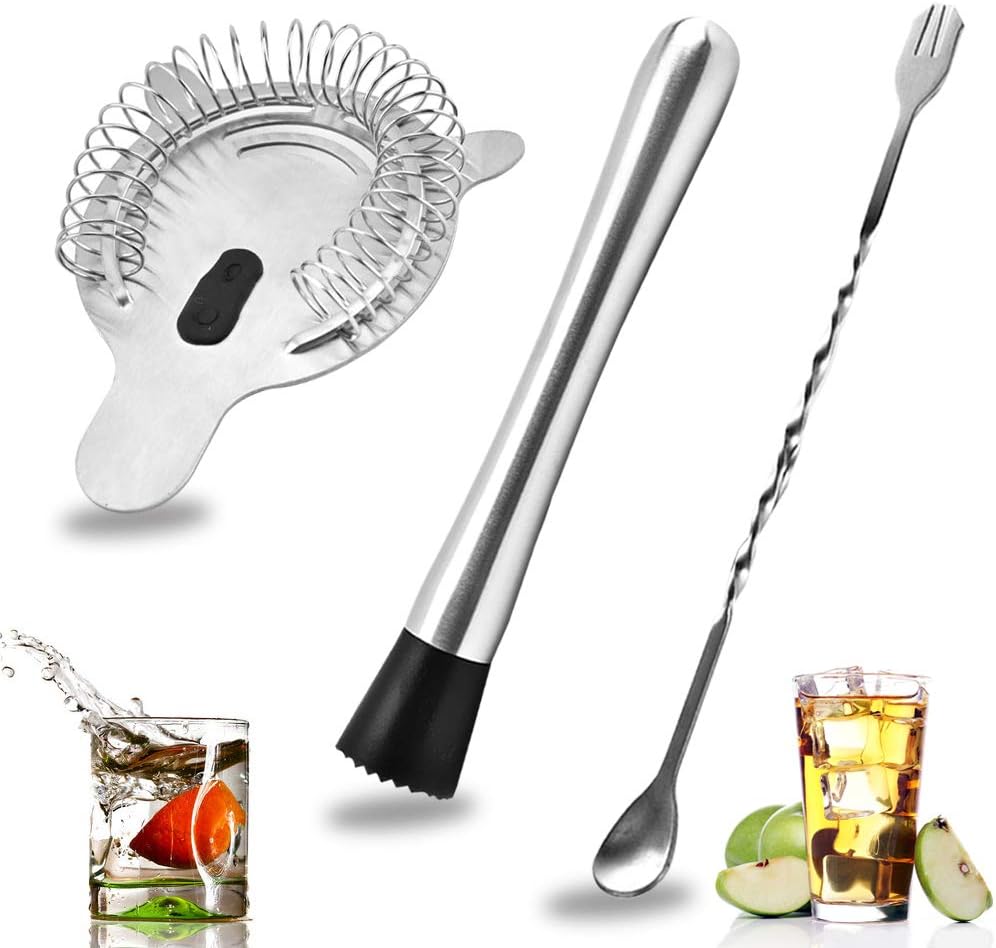 Set muddler acero inox cuchara colador barra 4 puntas