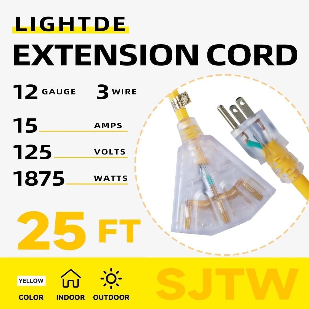 Cable extensión iluminado 25ft con 3 tomas SJTW 12/3