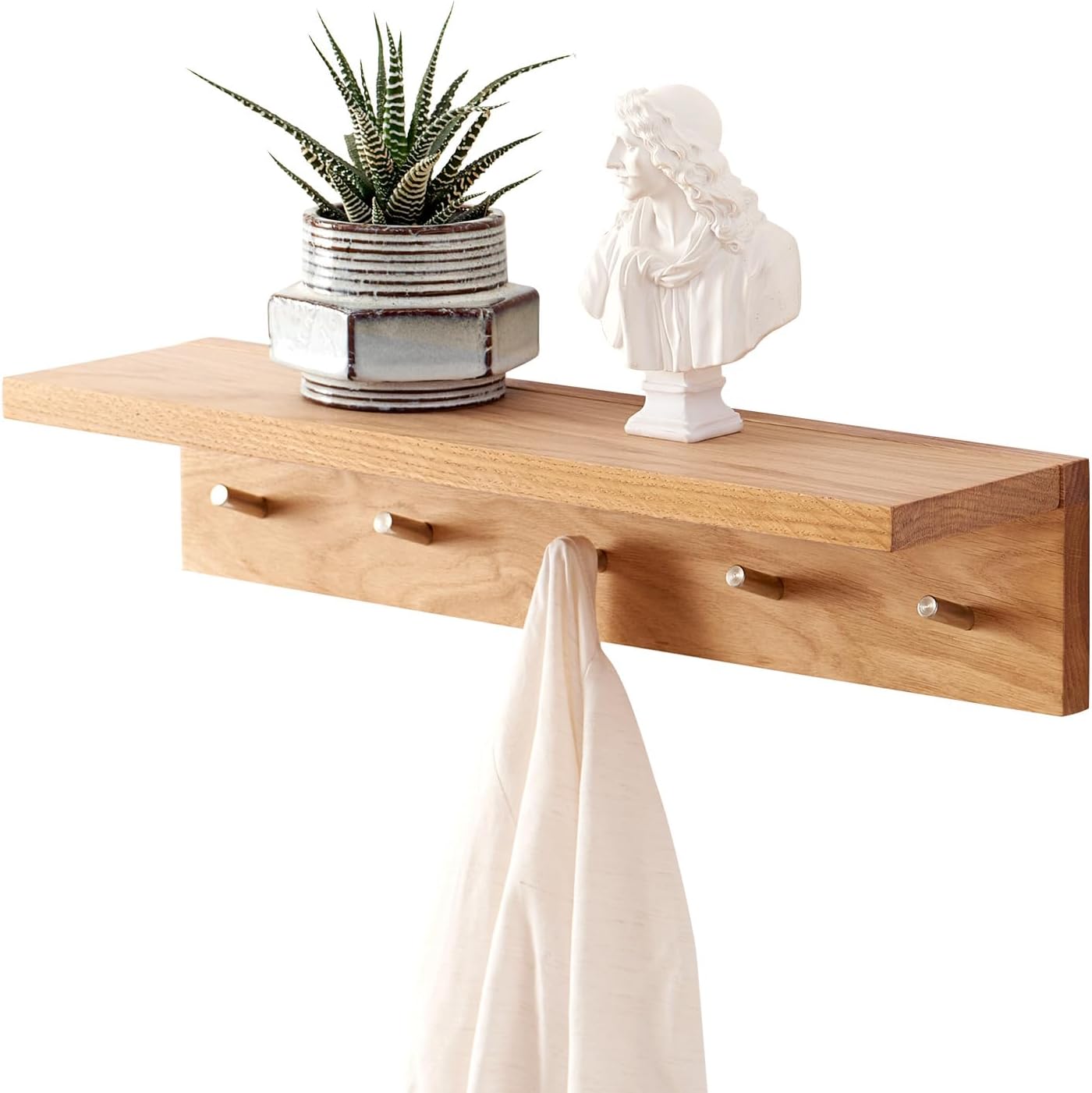 Perchero pared madera roble 5 ganchos estante flotante 20"