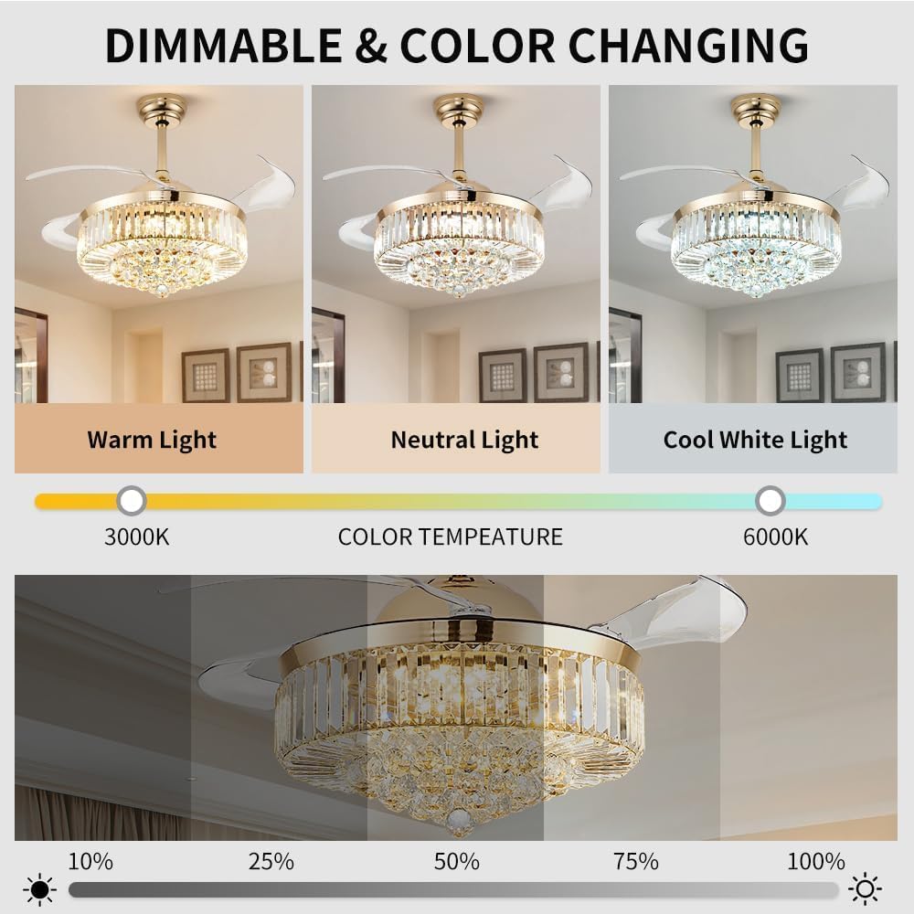Ventilador techo 48pulg con luz LED dorado regulable 6 vel