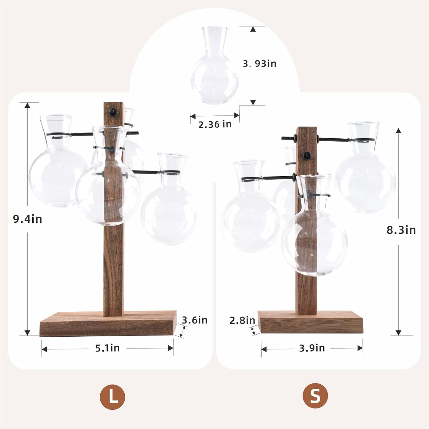 Soporte acacia 4 jarrones vidrio decoración