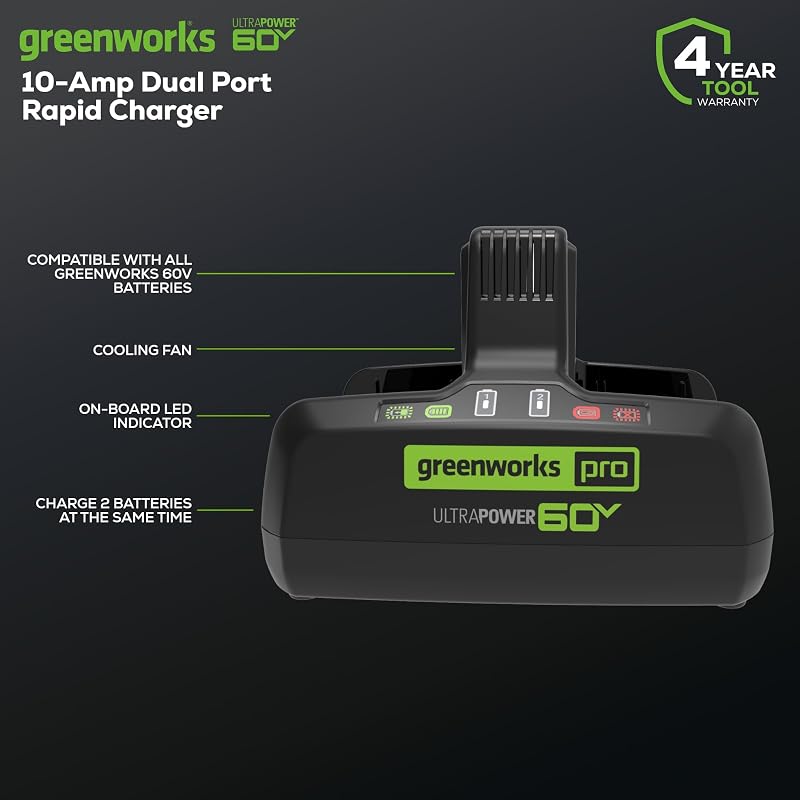 Cargador rápido doble puerto 60V 10A Greenworks Pro