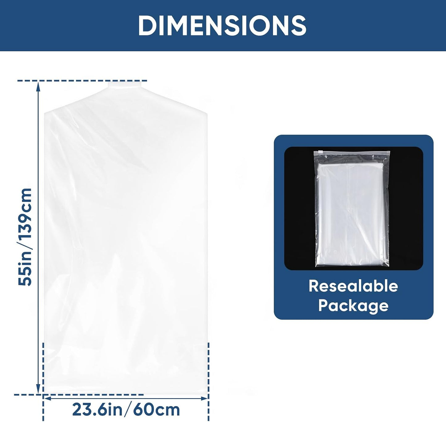 100 Bolsas Plástico Transparente 23.6x55pulg para Colgar Ropa