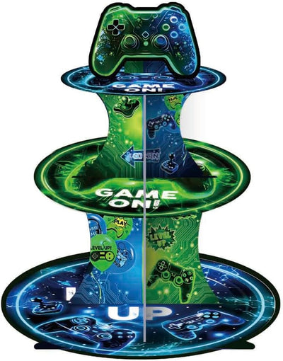 Soporte de 3 niveles para videojuegos, cupcakes, tartas y decoración, color azul y verde