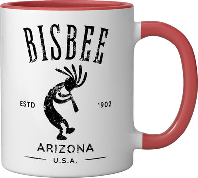 Taza cerámica Bisbee Arizona Dancing Kokopelli diseño desgastado rojo/blanco