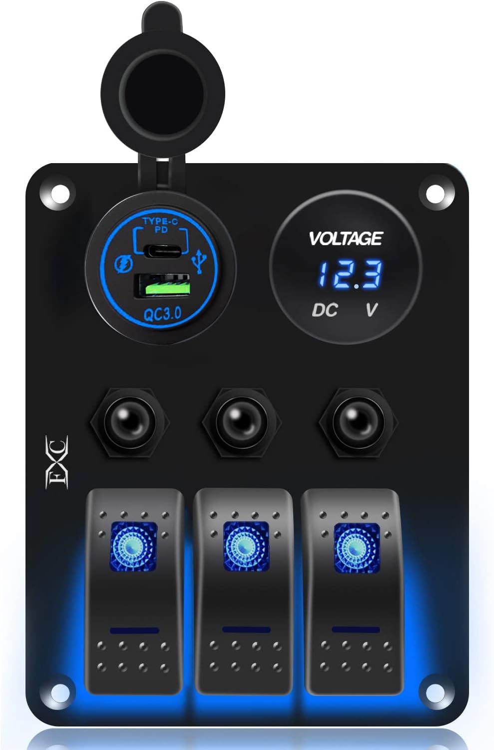 Panel interruptor basculante coche 3 cuadrillas USB LED