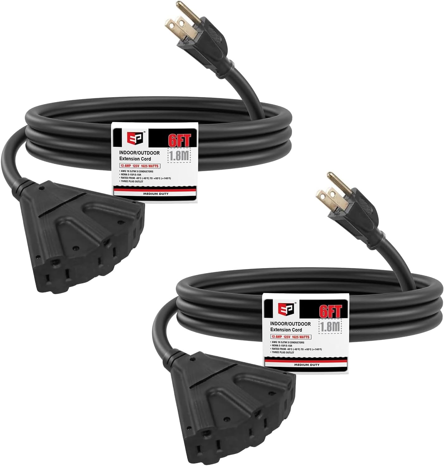 2 Cables Extensión Exterior 6ft 3 Tomas Negro SJTW 16/3