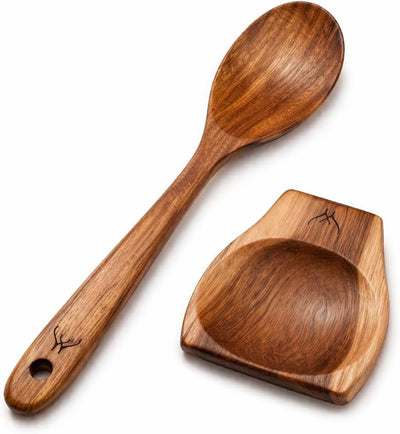 Cuchara madera teca 12pulg soporte grande utensilios cocina