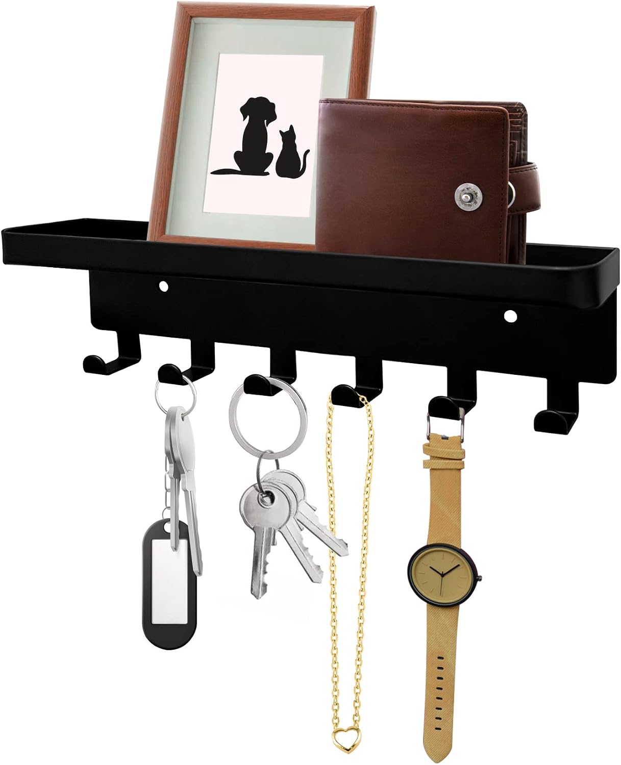 Soporte llaves pared con bandeja 6 ganchos negro