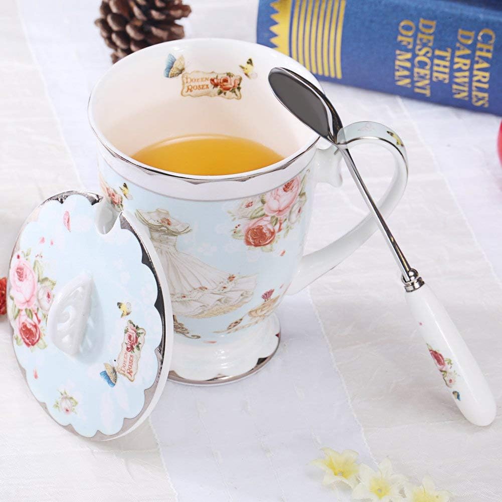 Taza café y té con tapa y cuchara 11.2oz azul claro