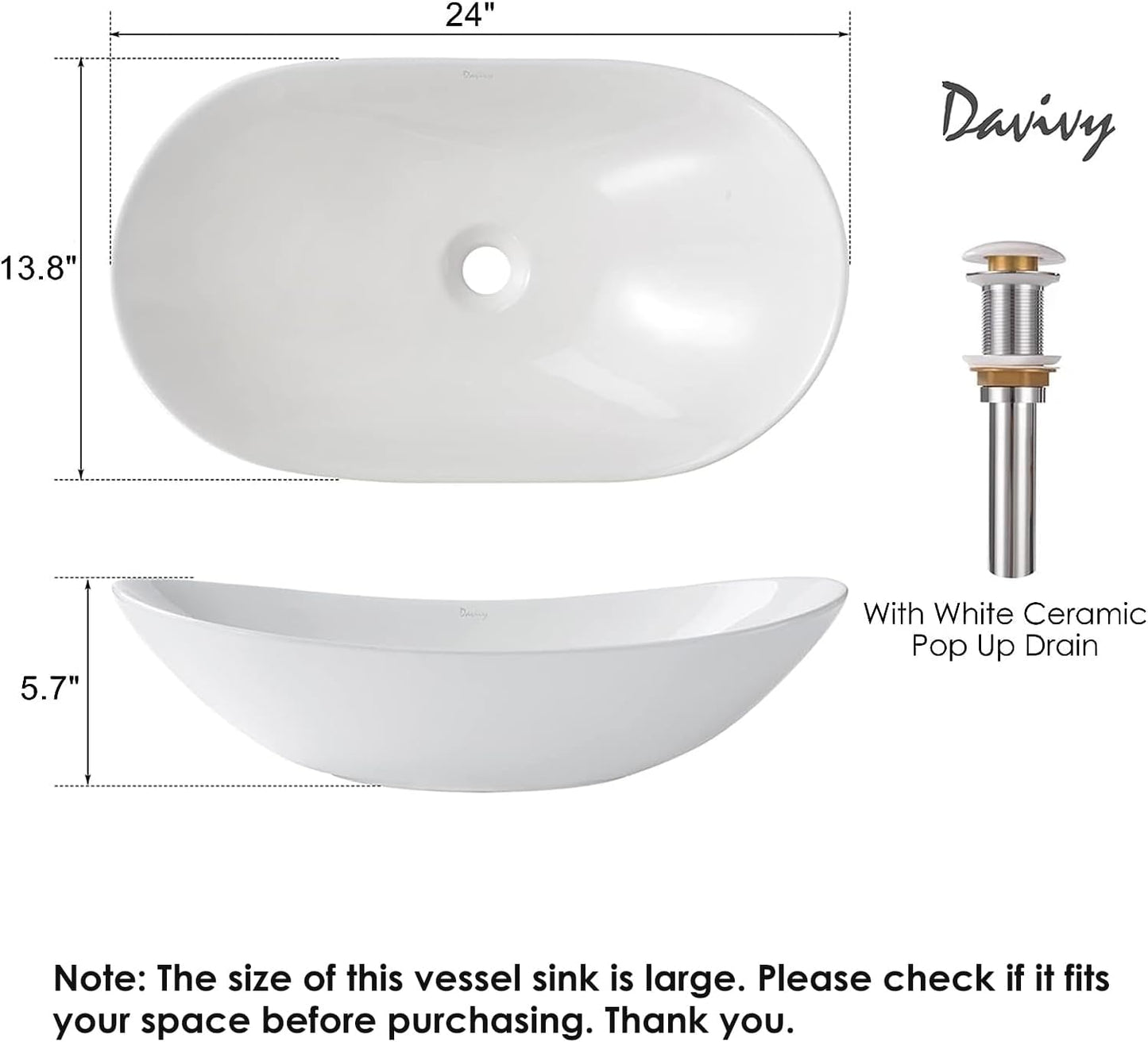 Fregadero ovalado baño 24x13.8pulg drenaje desplegable