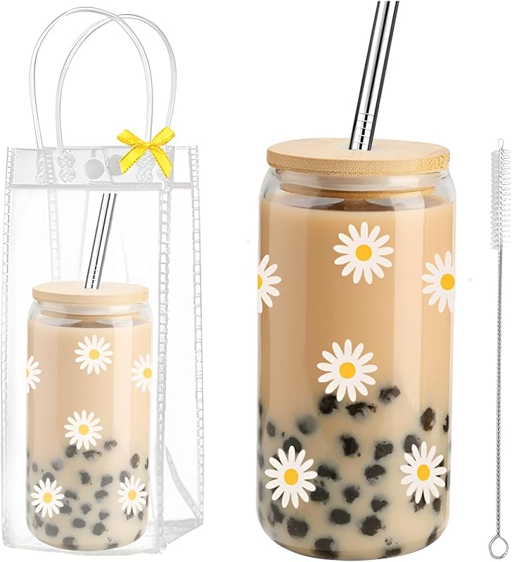 Taza vidrio con margaritas 16oz con tapa y pajita