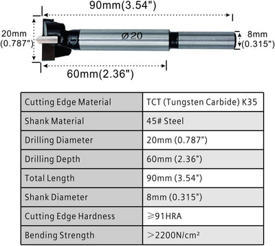 Brocas Forstner 20mm carburo tungsteno taladro madera