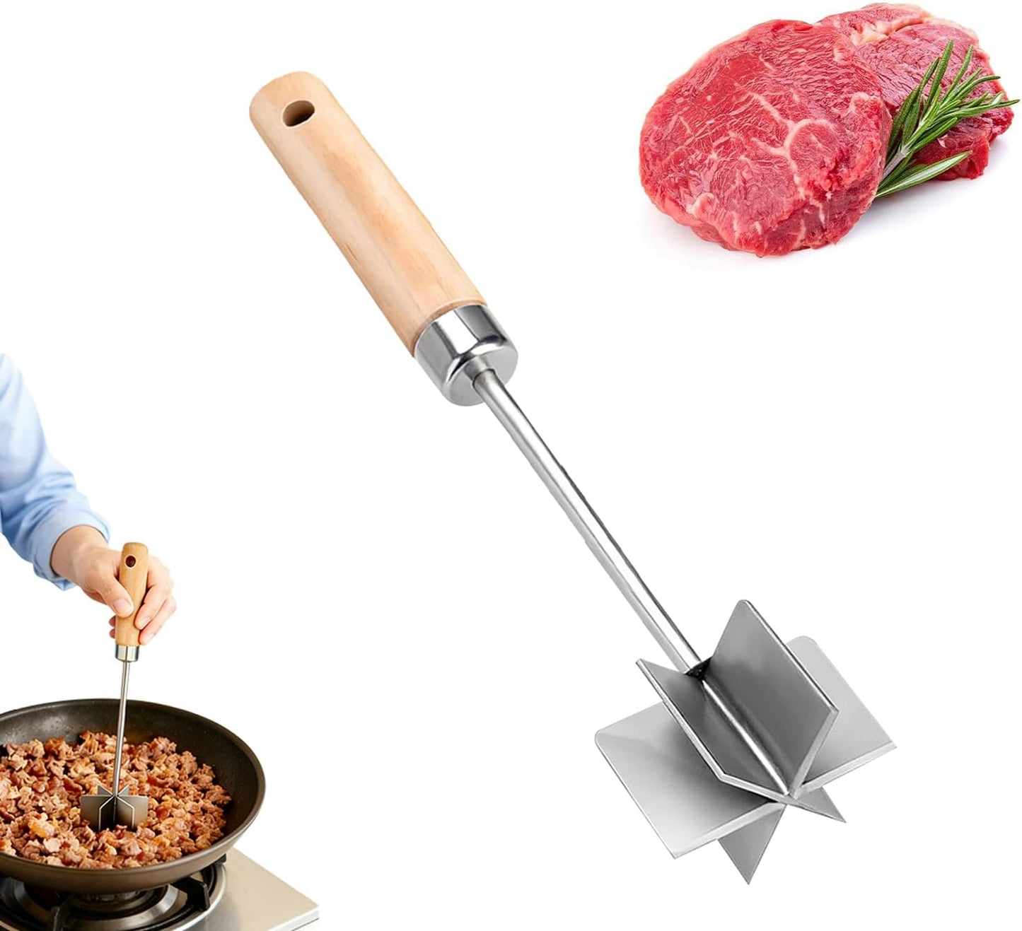 Picador carne acero inox cabezal resistente mango madera 10.6pulg