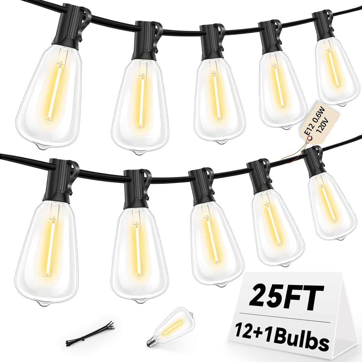 Tira luces exterior 25ft LED 121 E12 2700K blanco cálido jardín