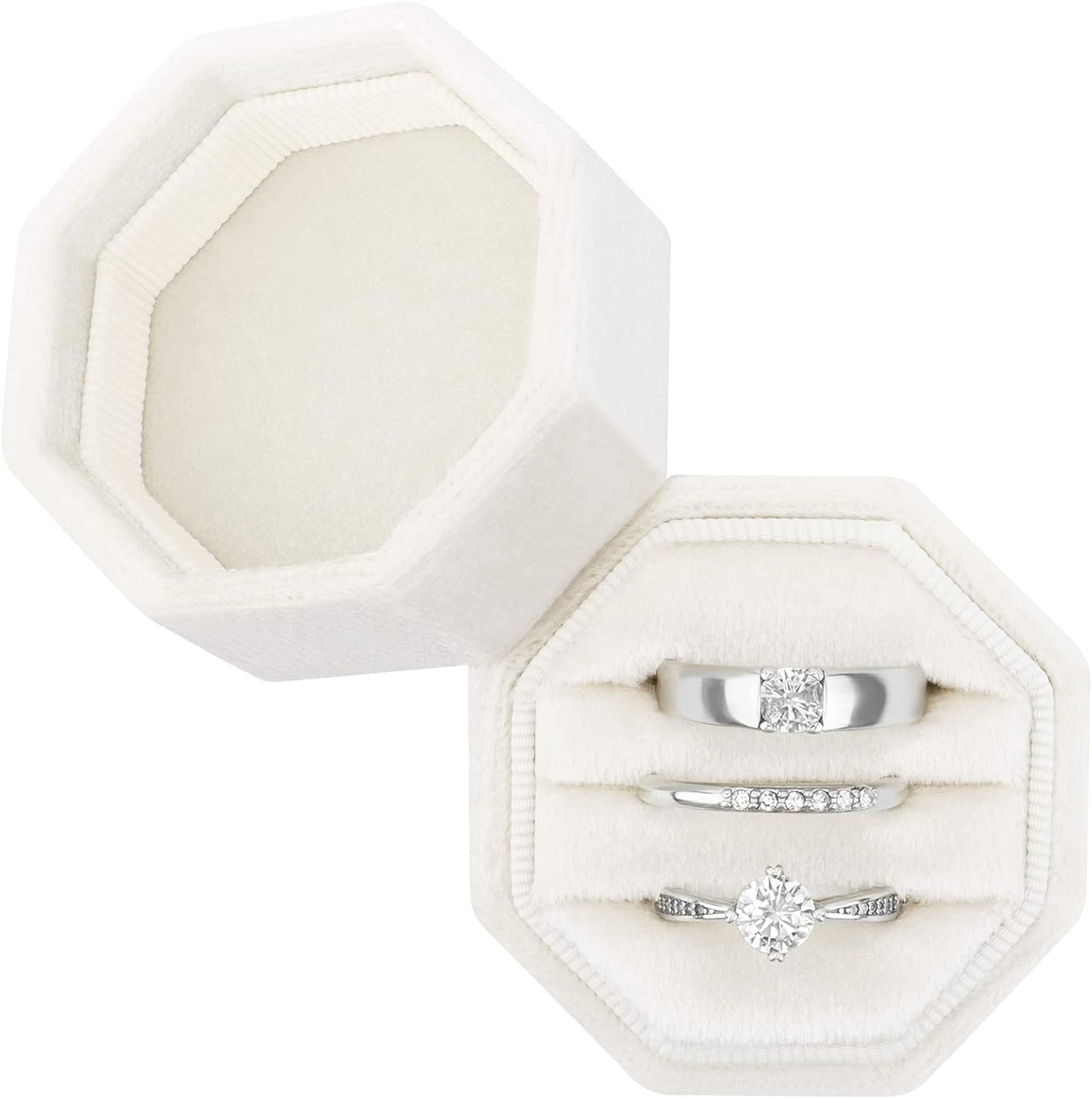 Caja terciopelo anillos boda compromiso 3 ranuras beige