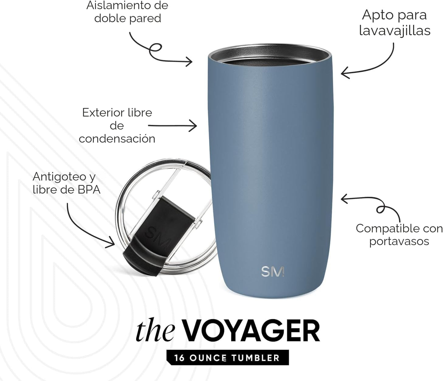 Vaso térmico acero inox 16oz con tapa transparente duna azul