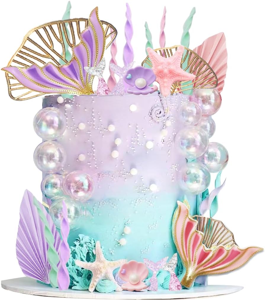 Juego decoración pastel sirena colas algas hojas doradas