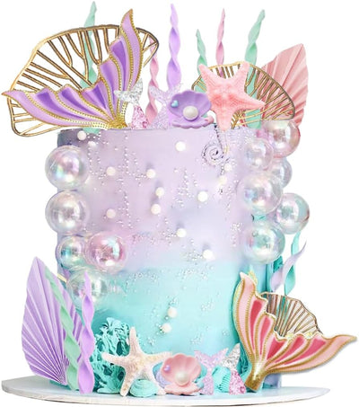 Juego decoración pastel sirena colas algas hojas doradas