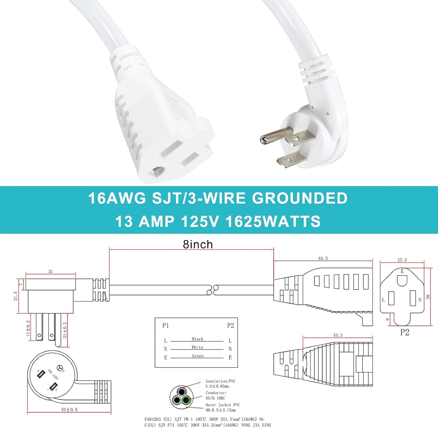3 Pzas Cable Extensión 8pulg Enchufe Plano Blanco