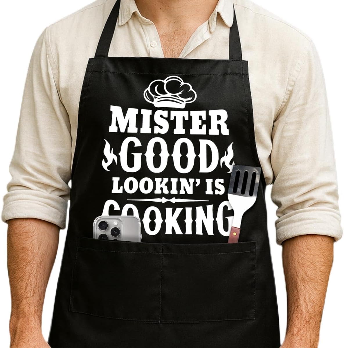 Delantal cocina negro con bolsillos para hombre chef