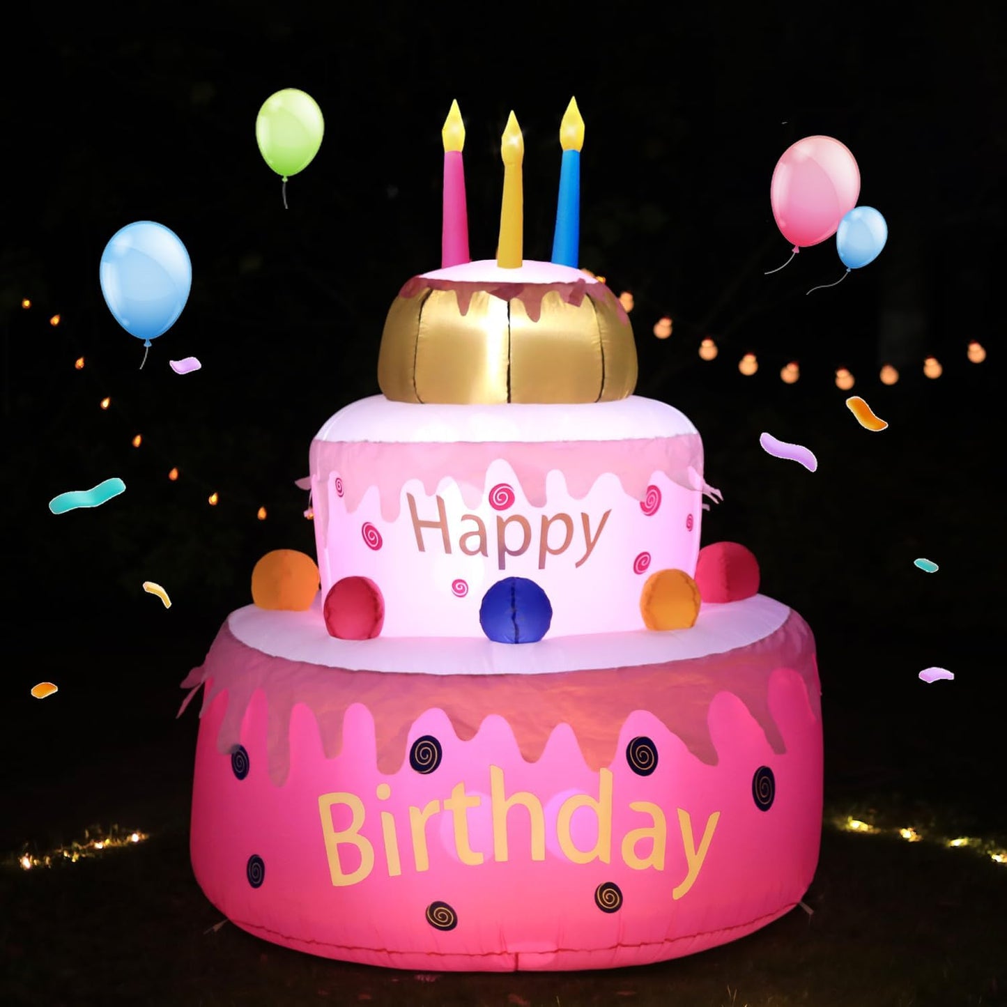 Decoración inflable pastel cumpleaños 5.5ft con luces LED