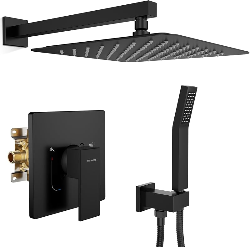Set grifo ducha lluvia 12" mango pared latón negro