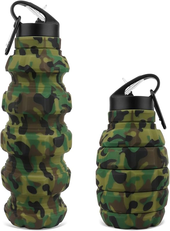 Botella agua plegable viaje 19.5oz sin BPA camuflaje verde