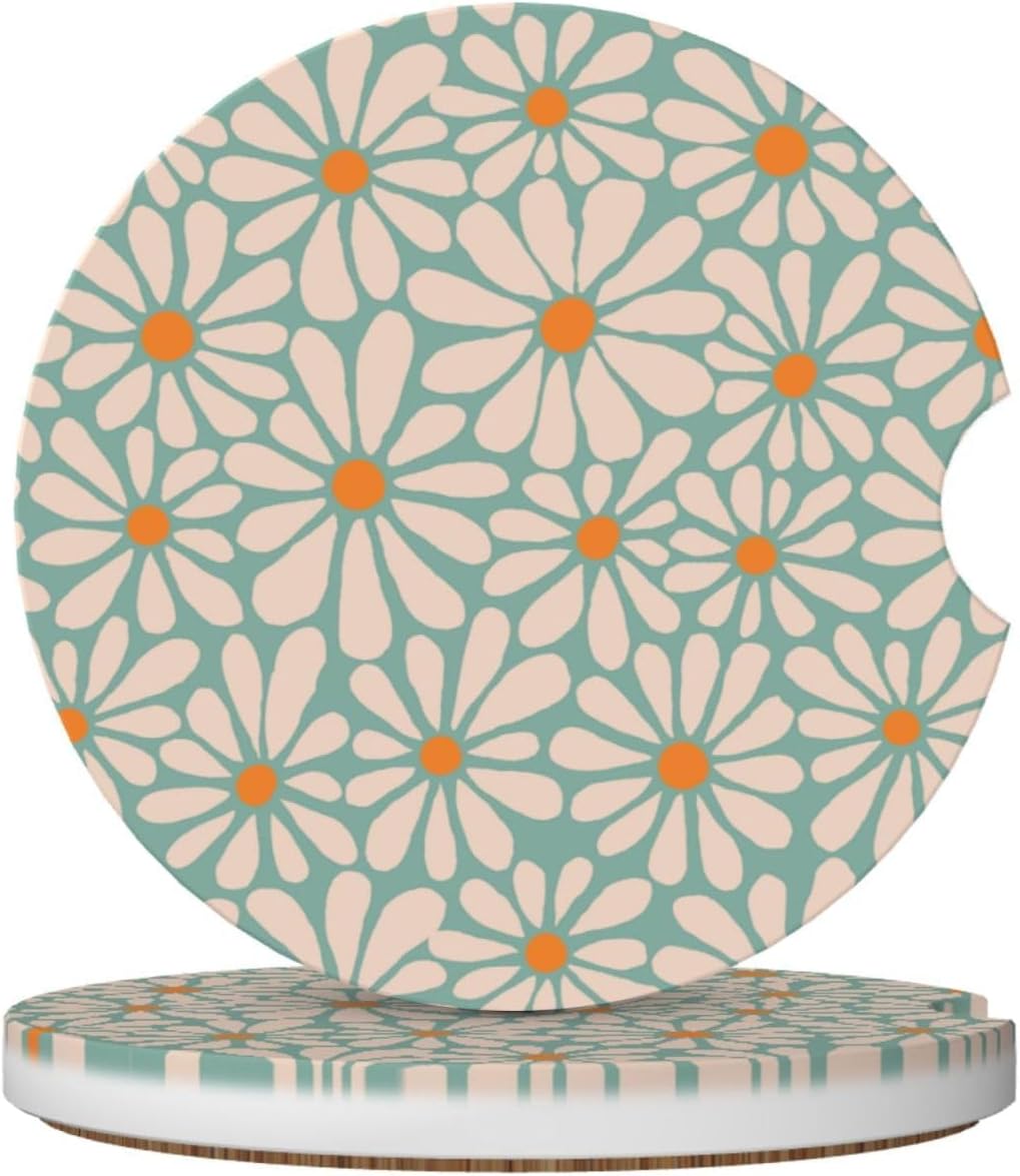 Posavasos florales verdes para auto set 2 cerámica con base corcho