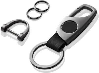 Llavero con mosquetón antipérdida cuero negro gris