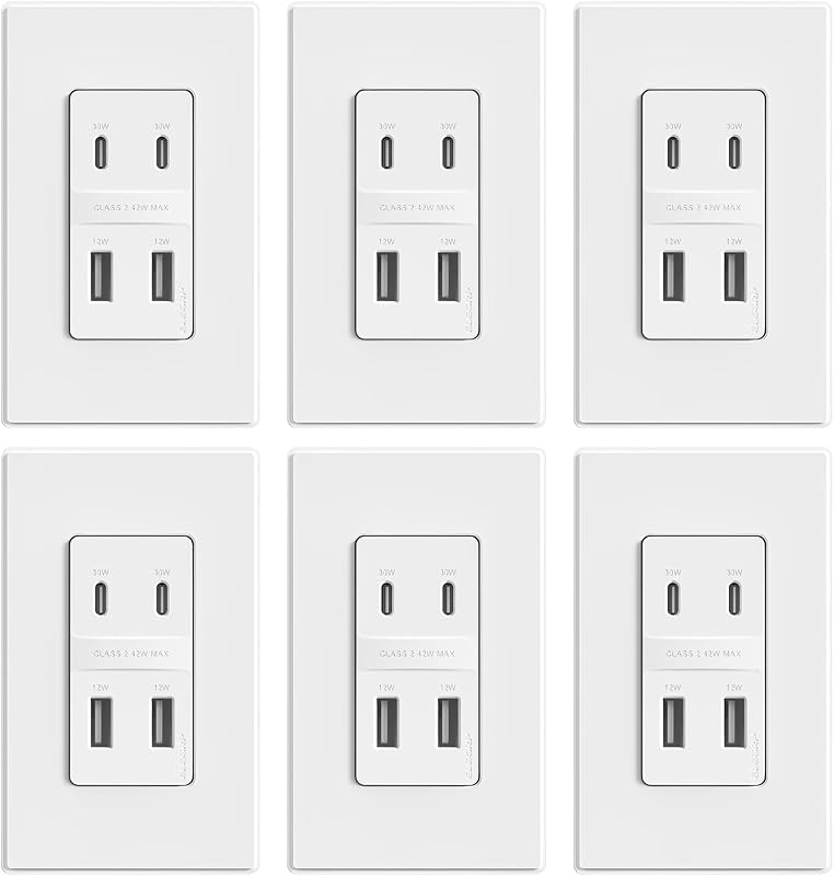 Cargador USB 4 puertos 42W pared blanco mate set 6