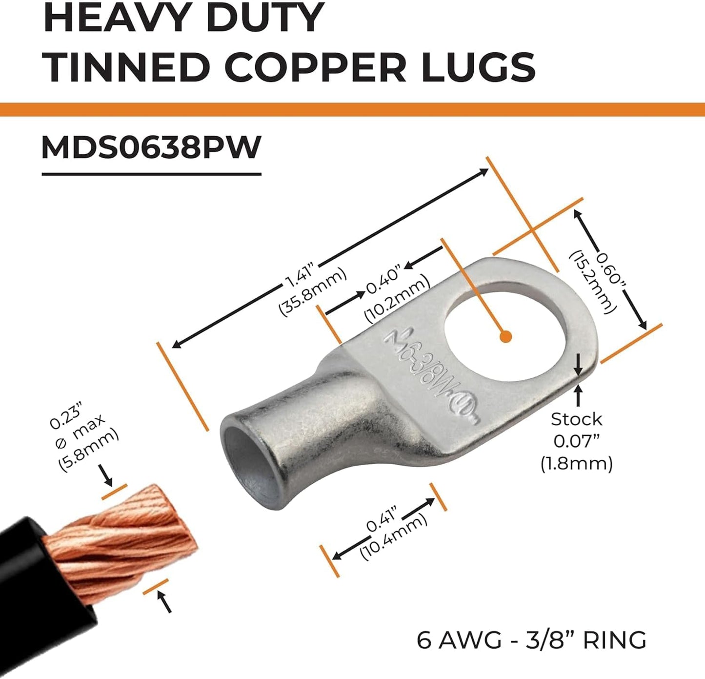 Terminal anillo grado marino 6 AWG 3/8pulg 25uds para batería