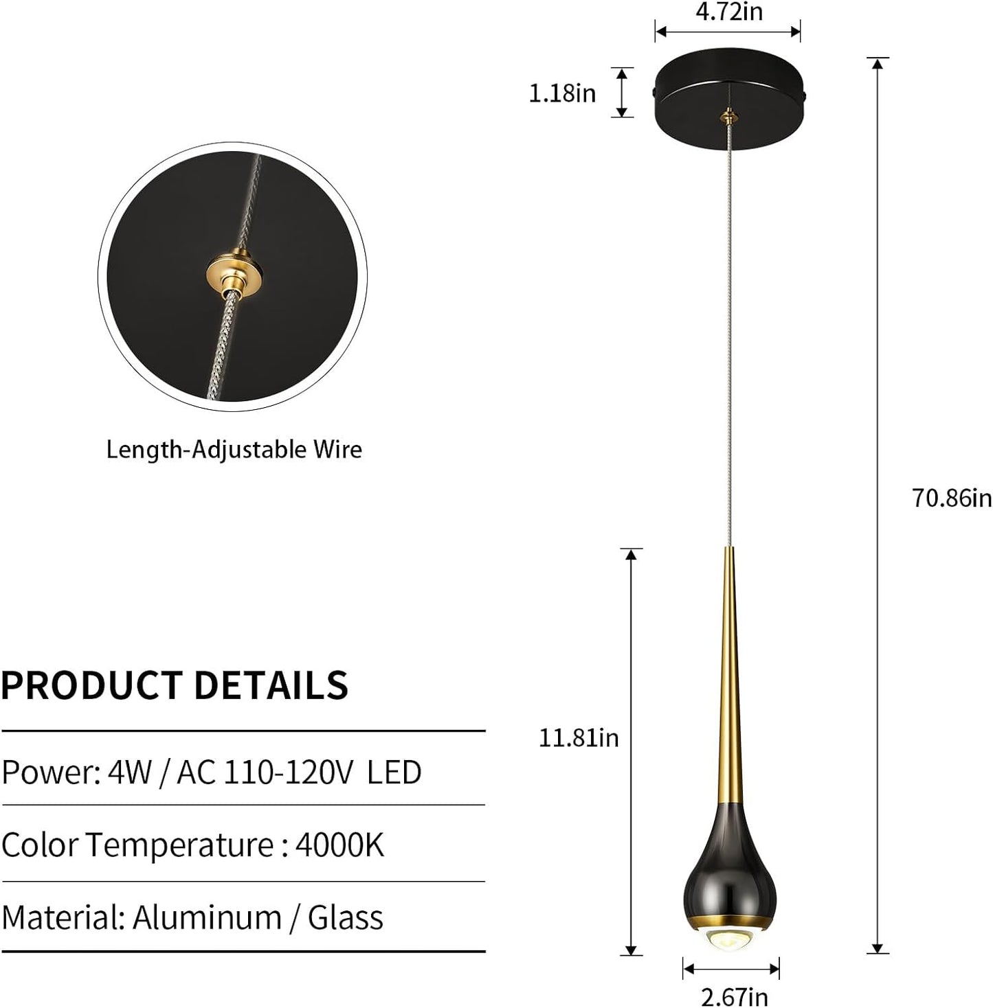 Lámpara colgante led regulable oro negro para cocina comedor
