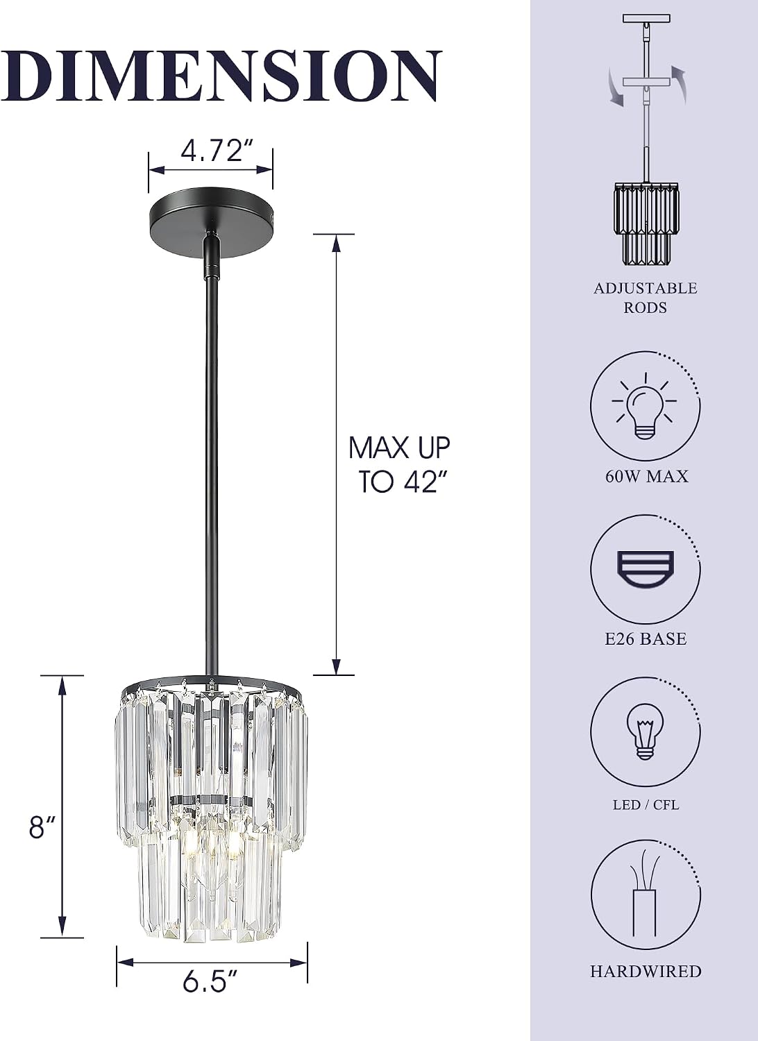 Lámpara colgante cristal negro 2 niveles 6.5pulg