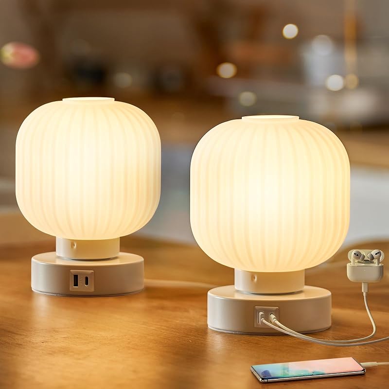 2 Lámparas Mesa Cristal Táctiles Luz Regulable USB