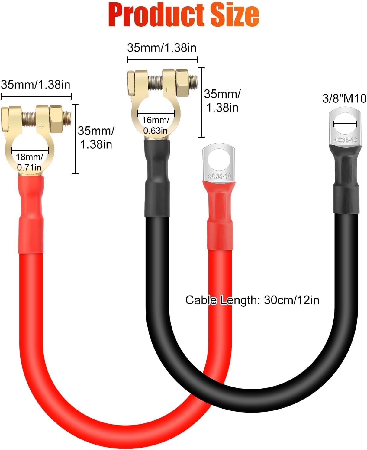 2 Pzas Cables Batería 2AWG 12" Conectores 3/8" Solares