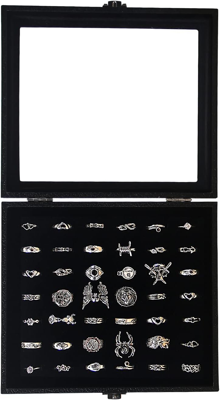 Estuche organizador anillos negras con tapa cristal 42 ranuras