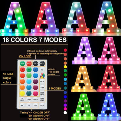 Letras LED multicolor con control remoto para decoración