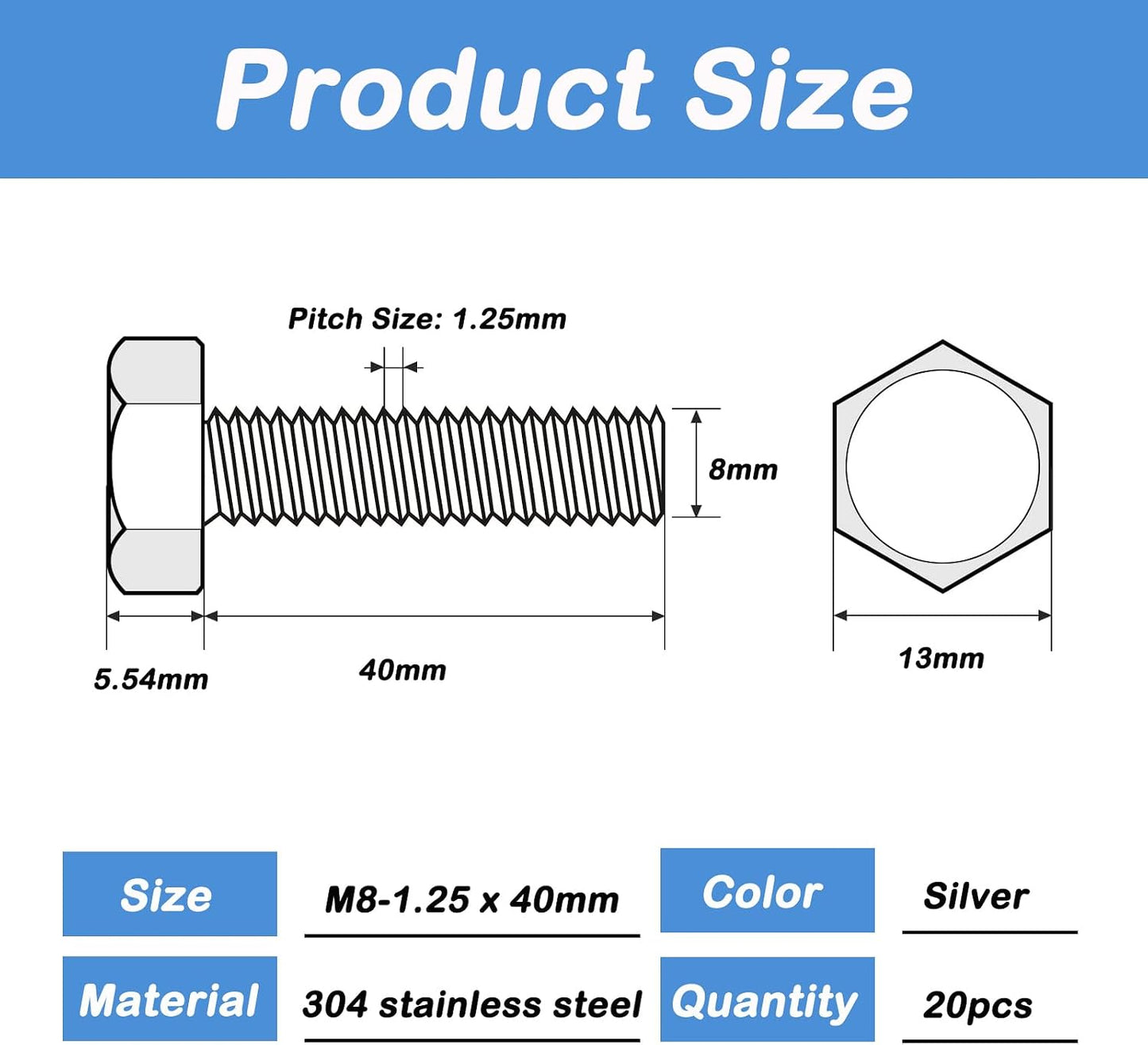 20 S Hexagonales M8 Acero Inox 304 Roscados