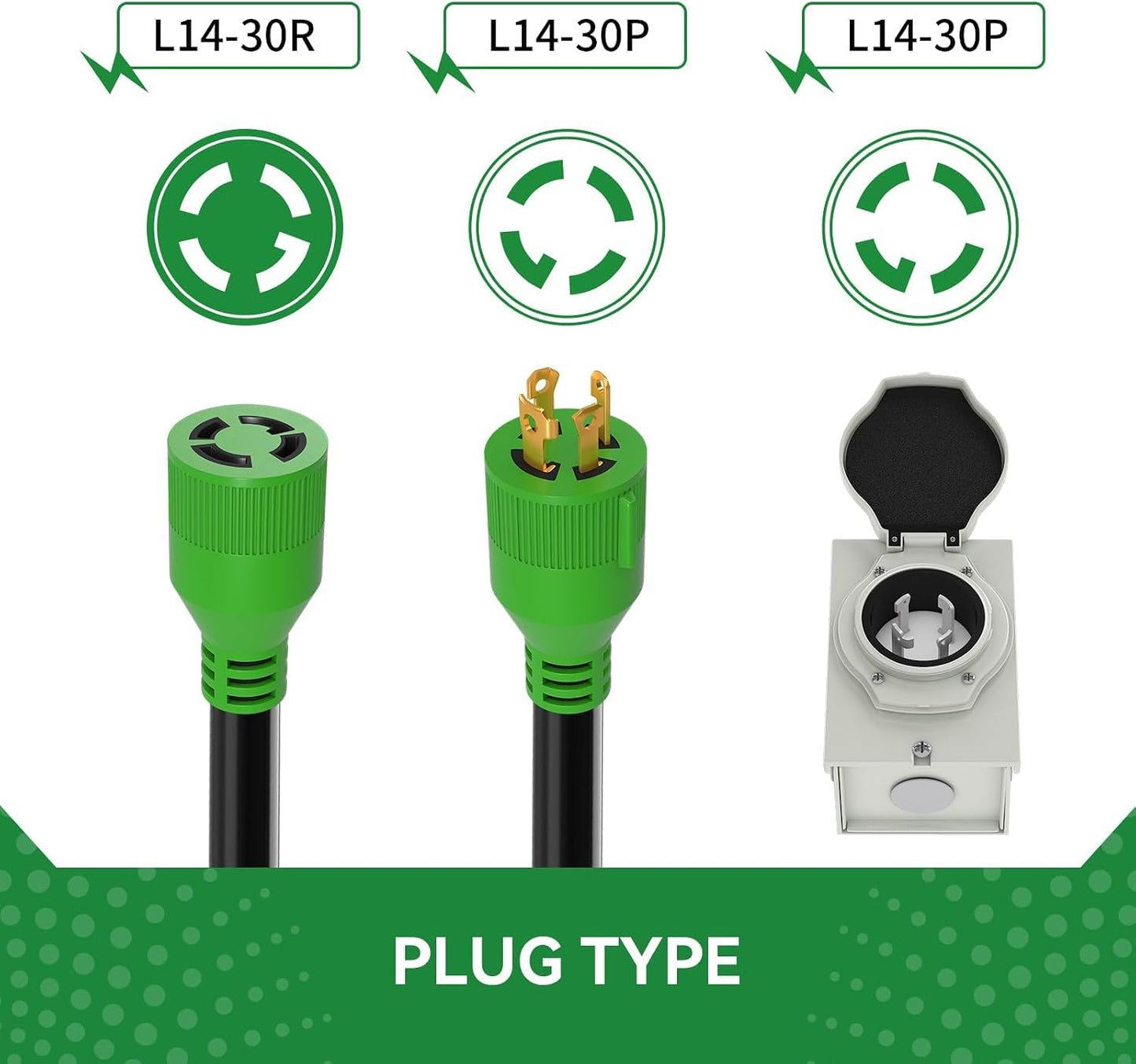 Cable generador NEMA L14-30P a L14-30R 30ft con caja entrada