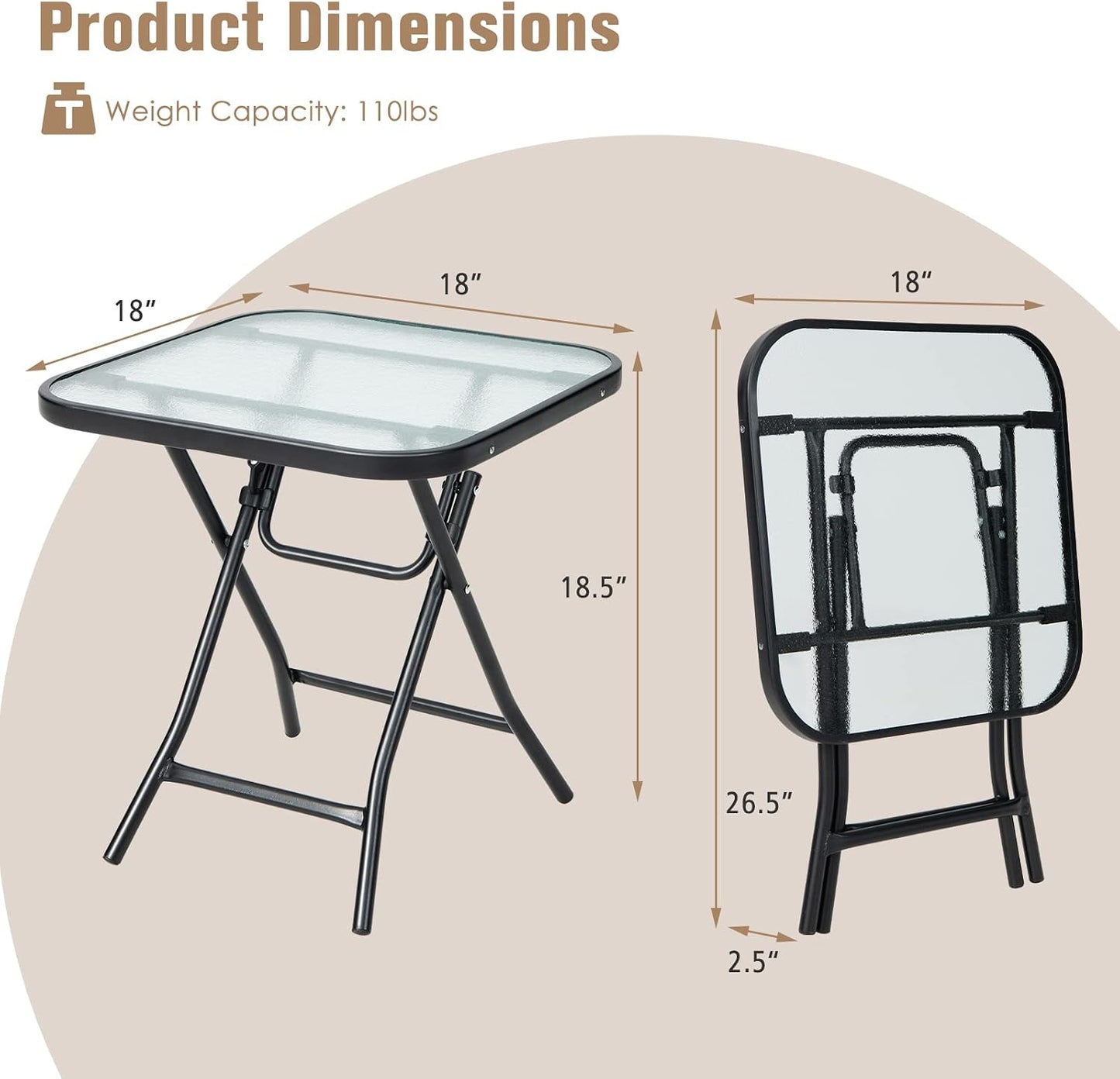 Mesa bistró cuadrada vidrio 18" marco negro plegable